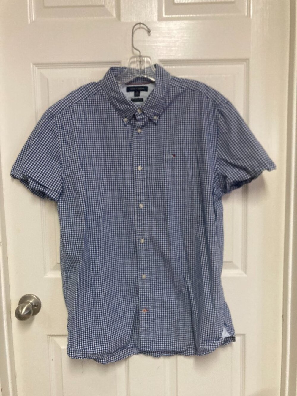 Tommy Hilfiger Men's Blue Gingham Short Sleeve Button Down Shirt size XL TG/XG